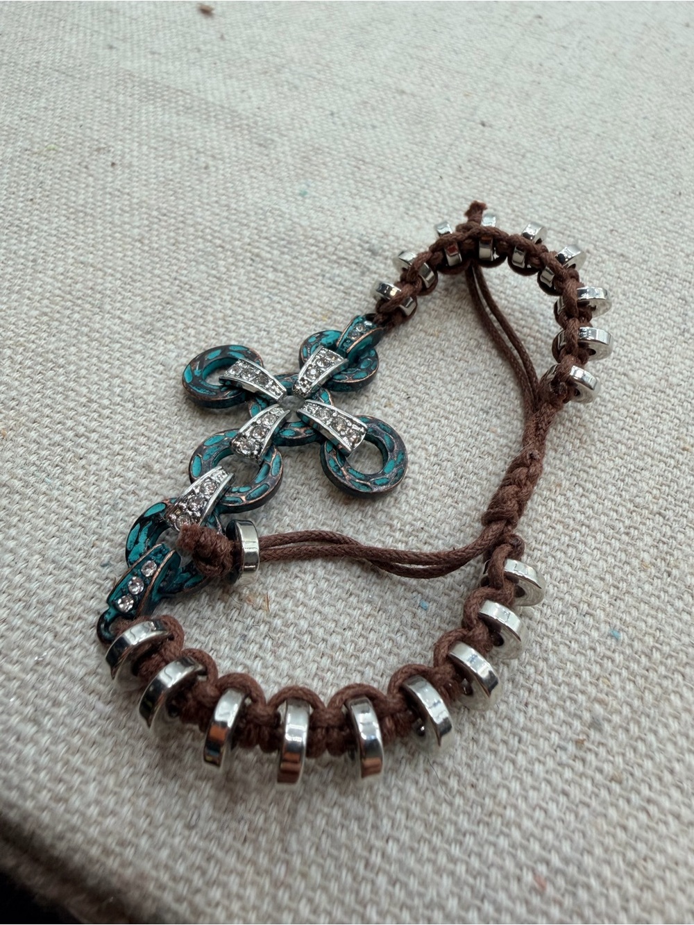 Brown Braided Bracelet with Turquoise-Patina Cross and Crystal Accents